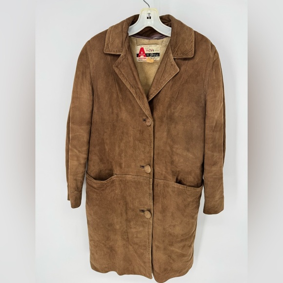 Victoria leather Jackets & Blazers - Vintage suede western bohemian Indie brown fur lined long coat size 12